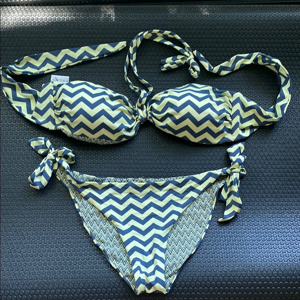 Reversible Chevron Bikini Set in Blue/Grey and Soft Yellow NWOT